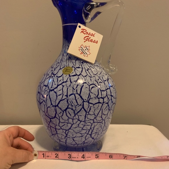 Rossi Blown GlassWater Pitcher Wine Decanter Cobalt Blue with White Crackle - Picture 4 of 5